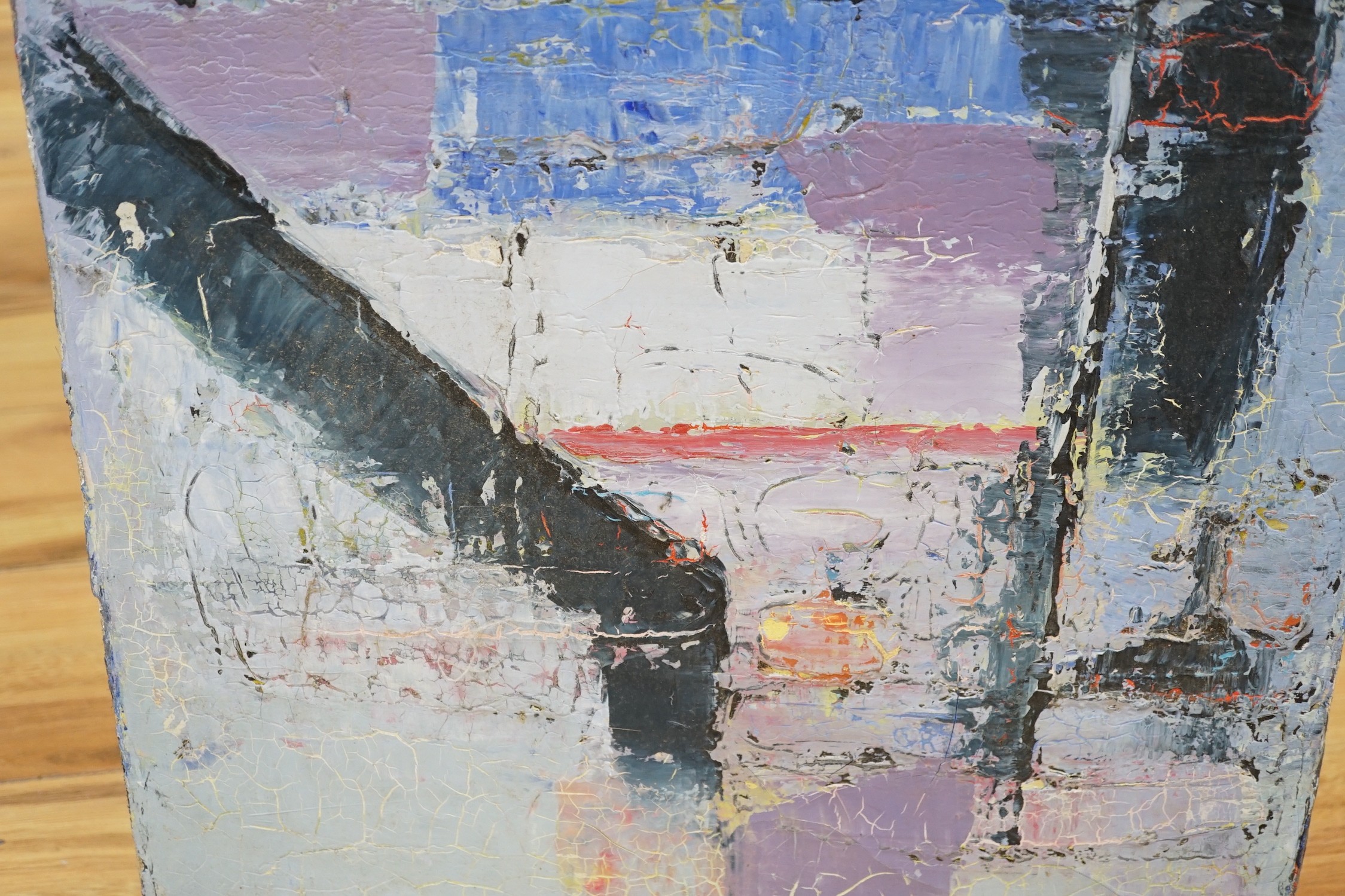 Modern British, oil on canvas, Abstract, signed Locquen and dated 1976, 80 x 40cm, unframed